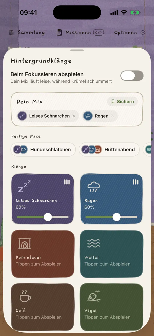 Der Mixer für Hintergrundklänge mit Regen und leisem Schnarchen.
