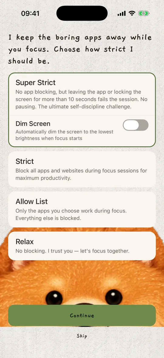 The focus modes: Super strict, Strict, Allow List and Relax.