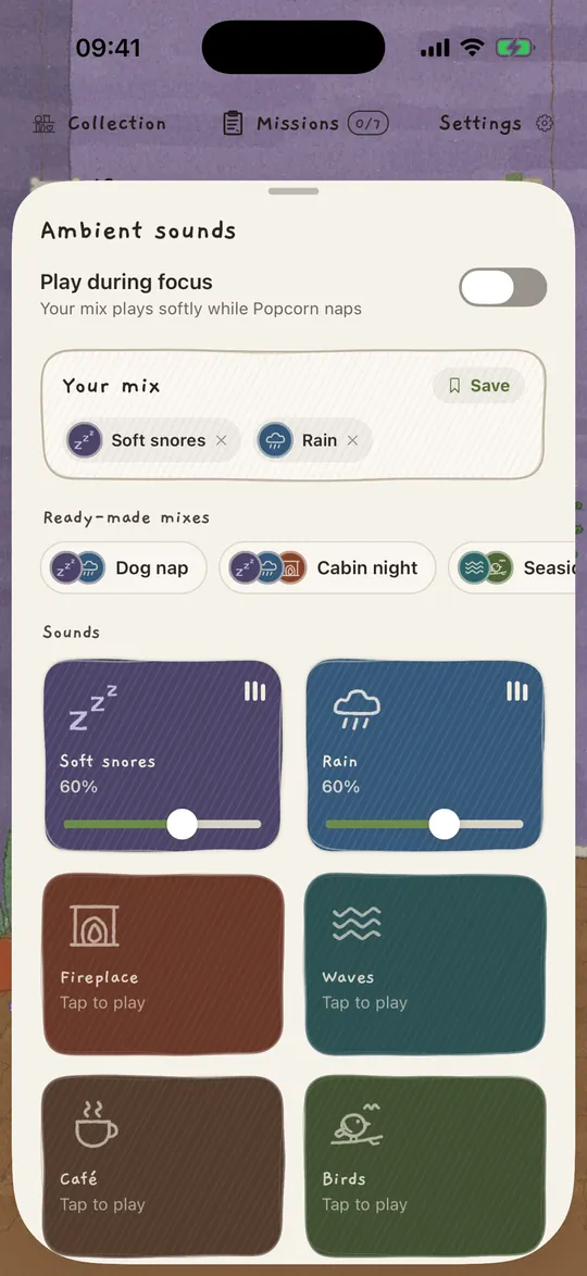 The ambient sounds mixer with rain and soft snores turned on.