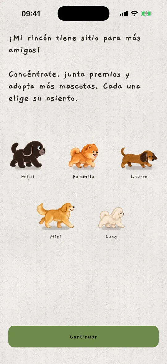El selector de perritos con Frijol, Palomita, Churro, Miel y Lupe.