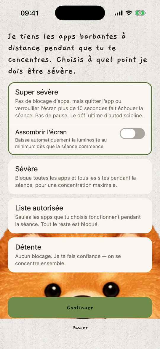 Les modes de concentration : Super sévère, Sévère, Liste autorisée et Détente.