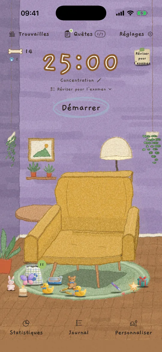 L’écran d’accueil : un minuteur à 25:00 au-dessus d’un fauteuil moutarde, dans une pièce pleine de plantes.