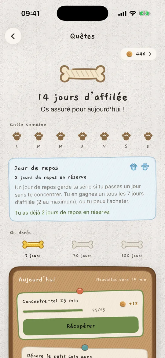 Le tableau des missions avec une série de 14 jours et un jour de repos en réserve.