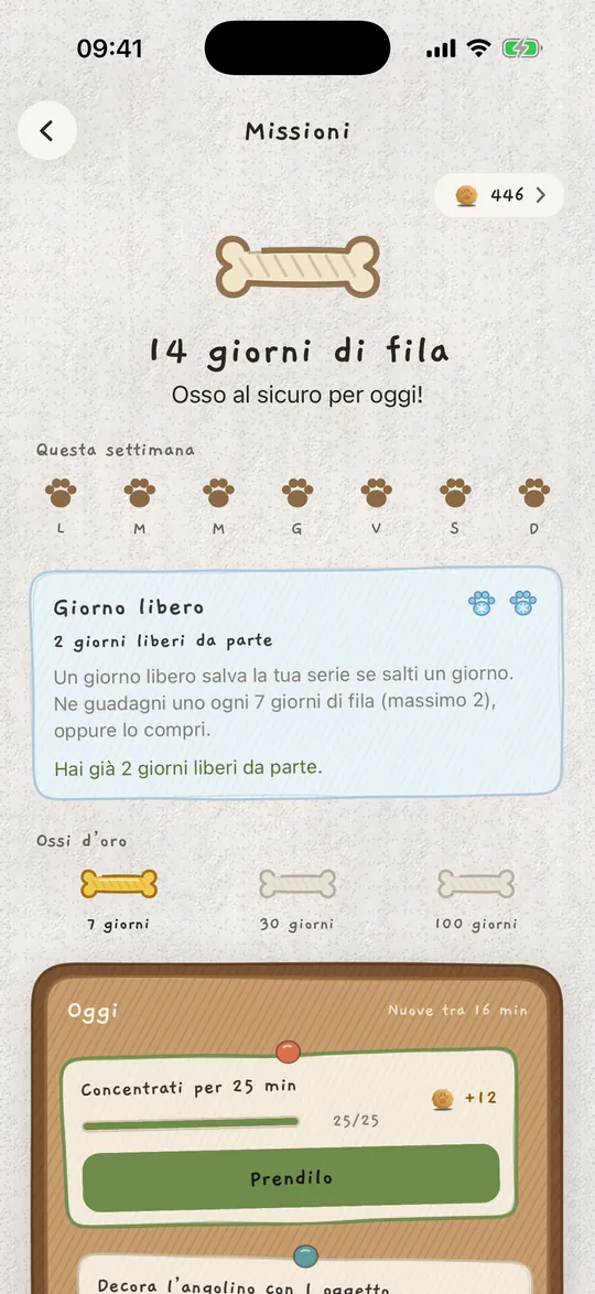 La bacheca delle missioni con una serie di 14 giorni e un giorno libero da parte.