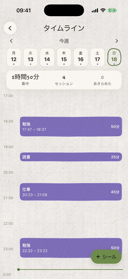 タイムライン:勉強、読書、仕事のセッション。