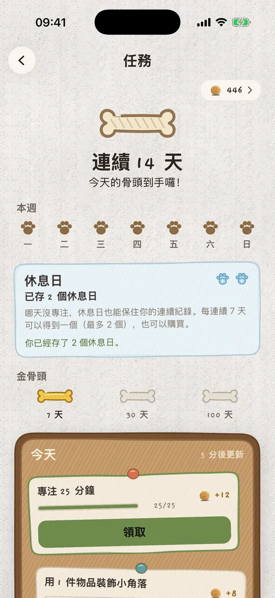 任務板：連續 14 天，還存著一個休息日。
